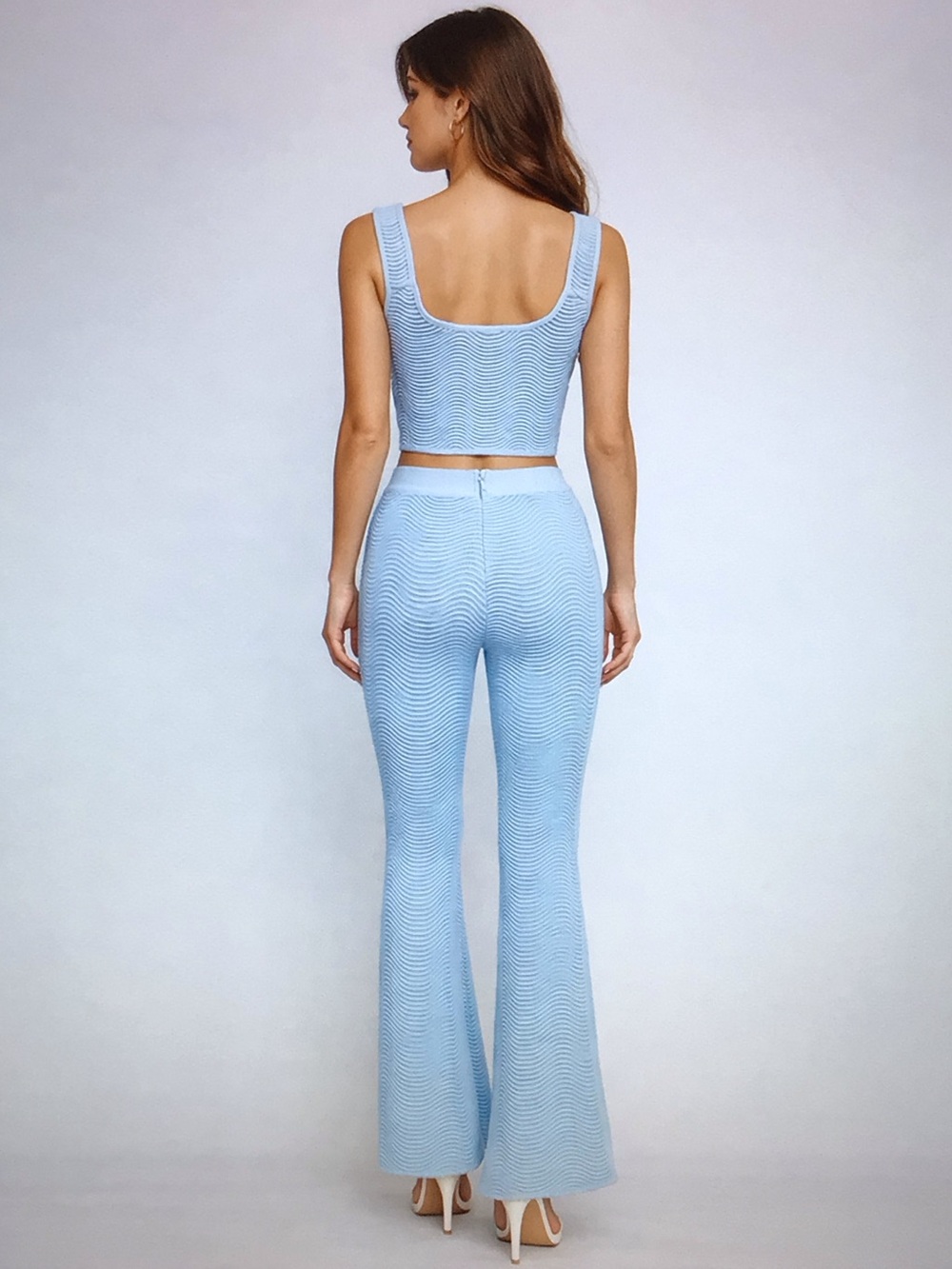 Light Blue Knit Crop Top & Flared Pants Set - Picture 4 of 6